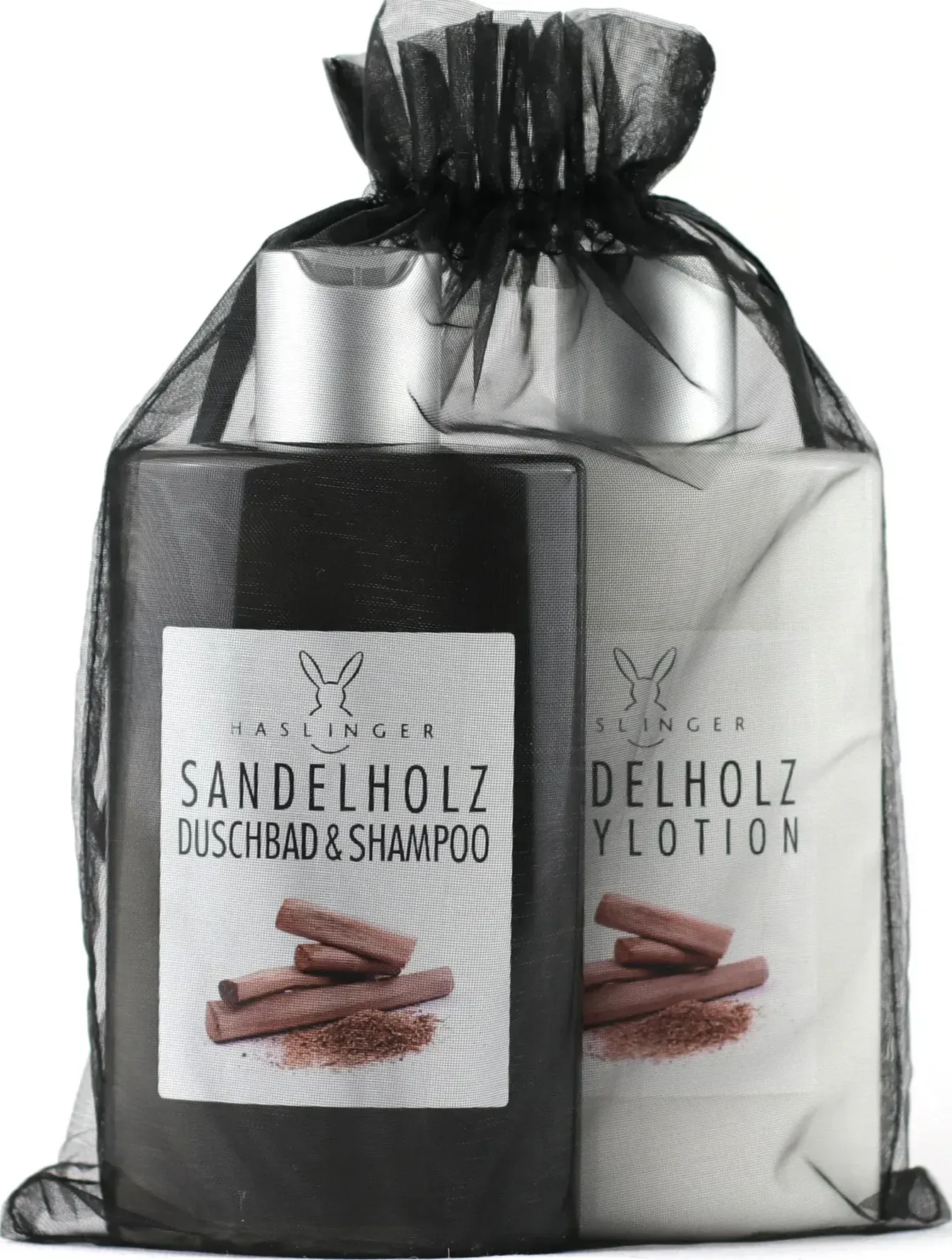 Sandelholz Duschbad & Shampoo und Bodylotion im Organzabeutel