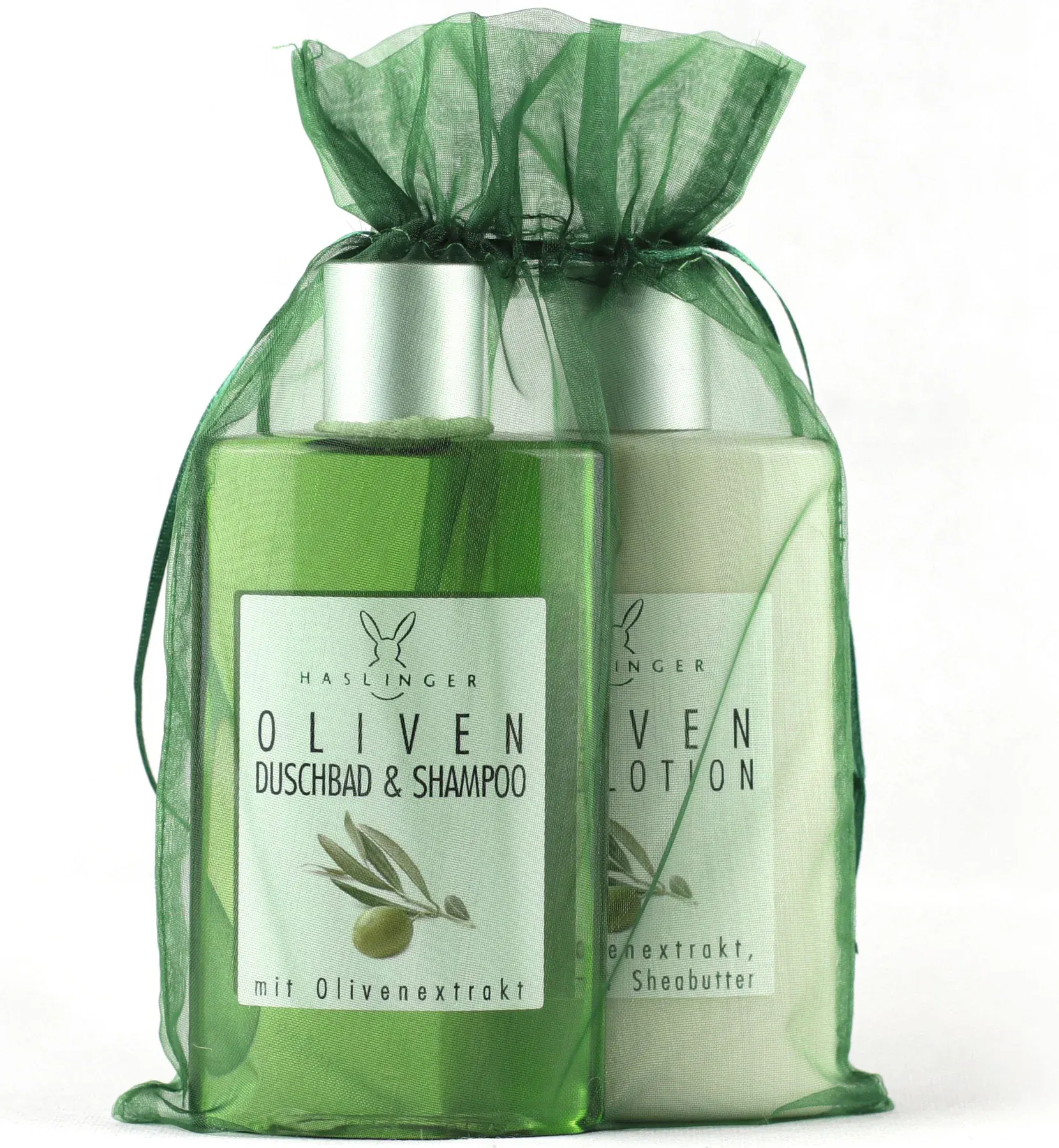 Oliven Duschbad & Shampoo und Bodylotion im Organzabeutel