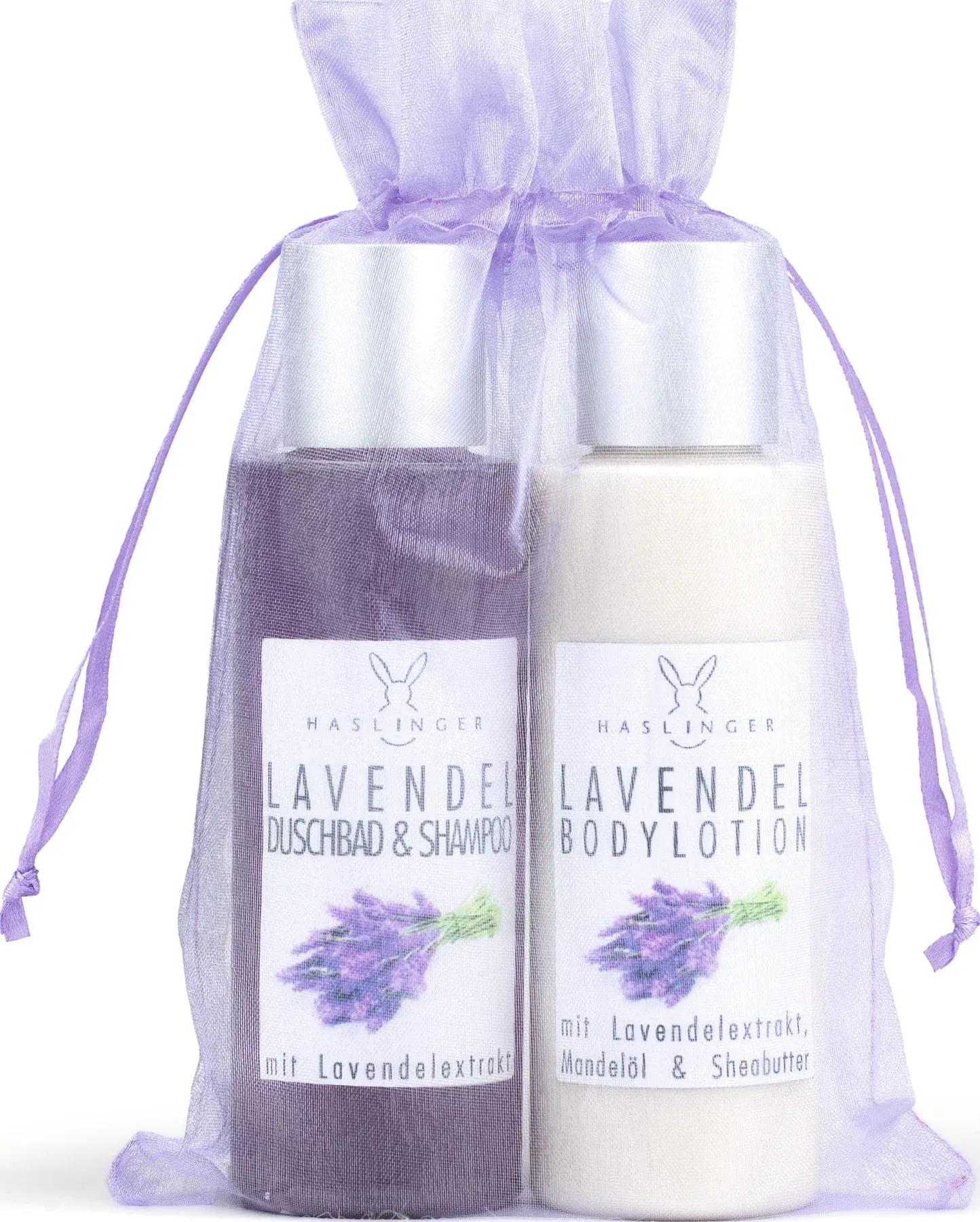 Lavendel Duschbad & Shampoo und Bodylotion im Organzabeutel