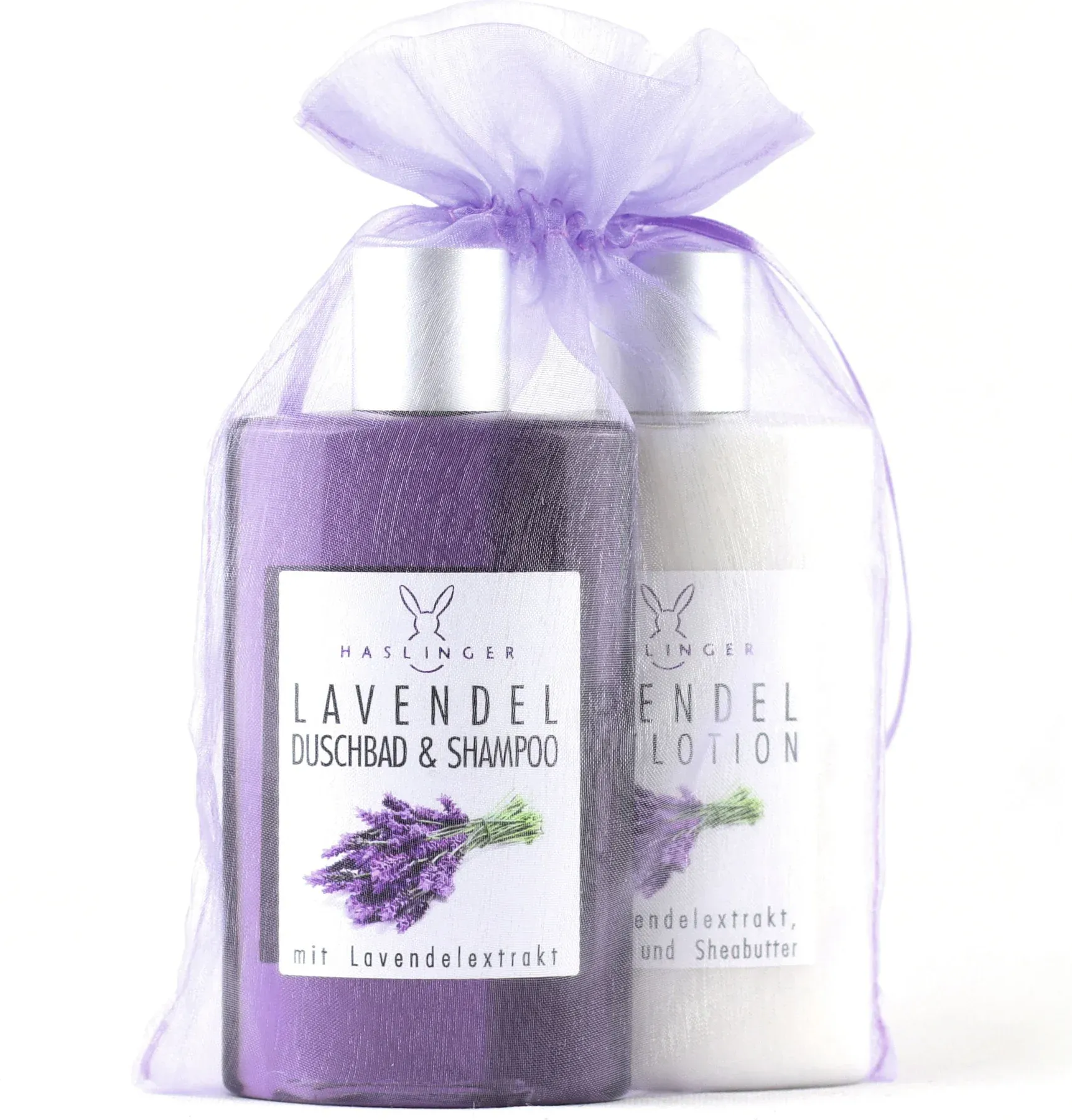 Lavendel Duschbad & Shampoo und Bodylotion im Organzabeutel