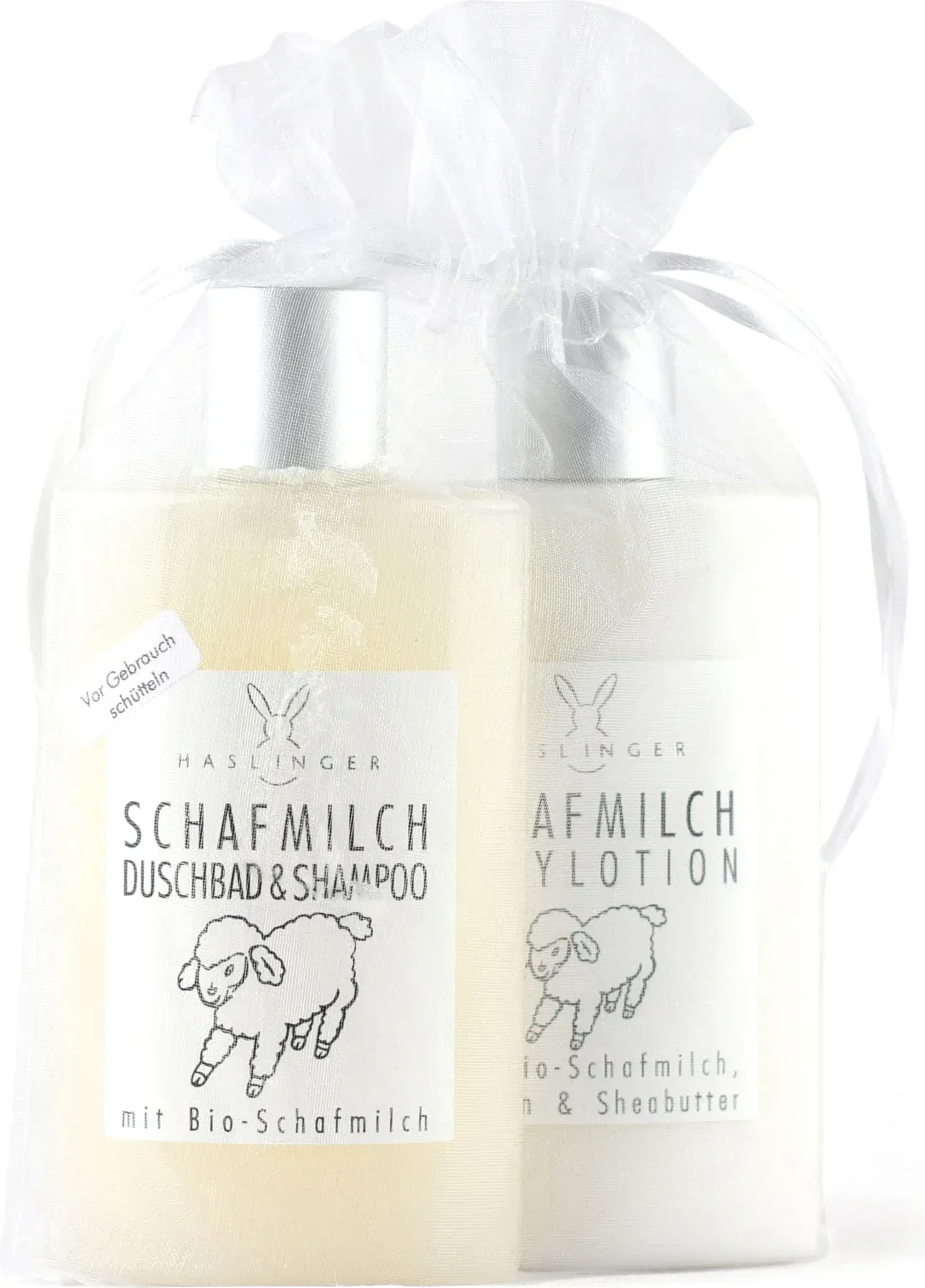 Schafmilch Duschbad & Shampoo und Bodylotion im Organzabeutel