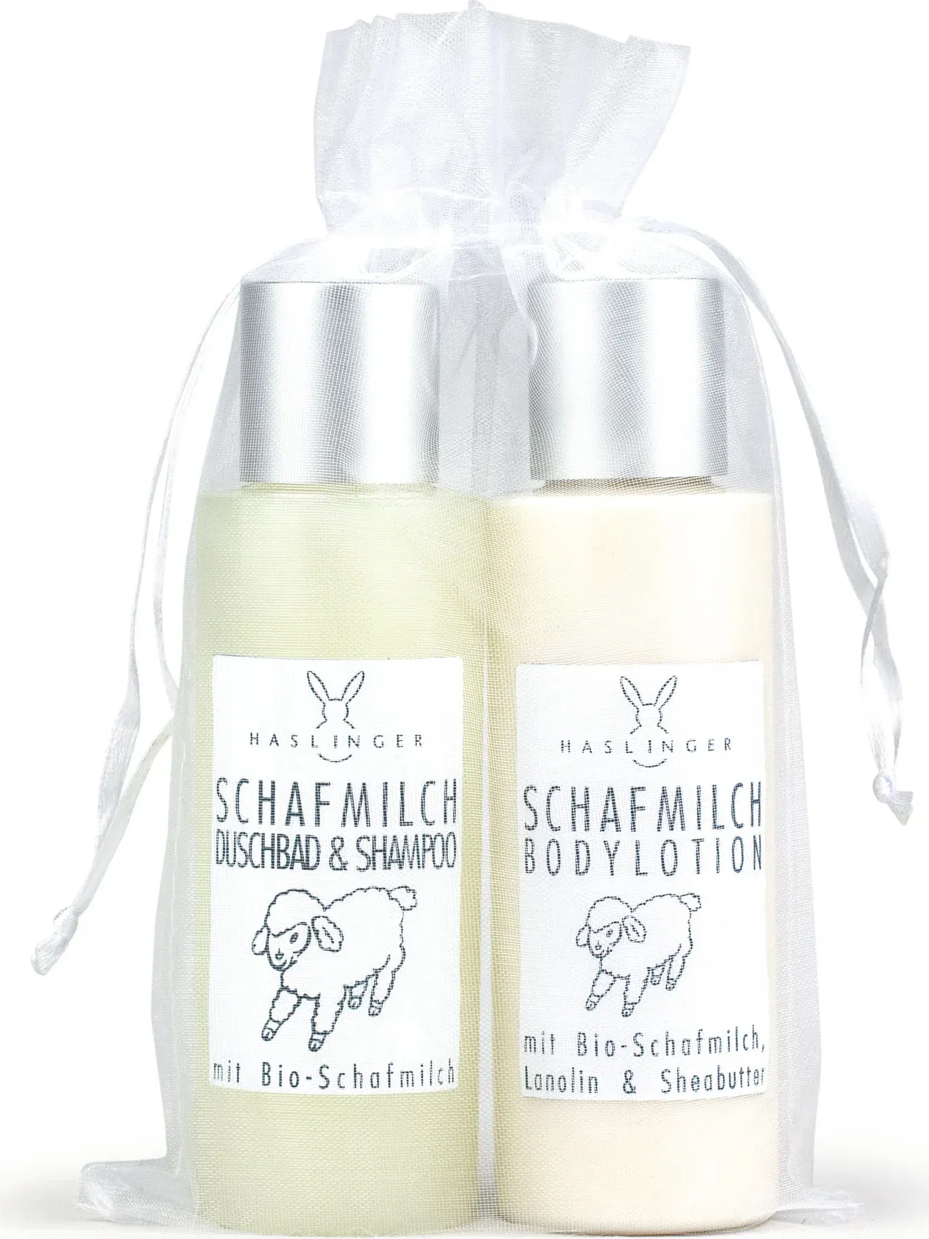 Schafmilch Duschbad & Shampoo und Bodylotion im Organzabeutel